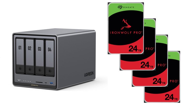 UGREEN DXP4800 Plus 4-Bay NAS (Diskless) + 4x Seagate IronWolf Pro 24TB SATA 3.5 Hard Drive (ST24000NT002)