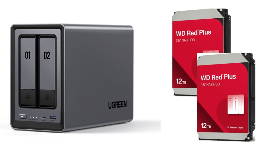 UGREEN DXP2800 2-Bay NAS (Diskless) + 2x WD Red Plus 12 TB Hard Drive SATA (SATA/600) 7200rpm (WD120EFGX)