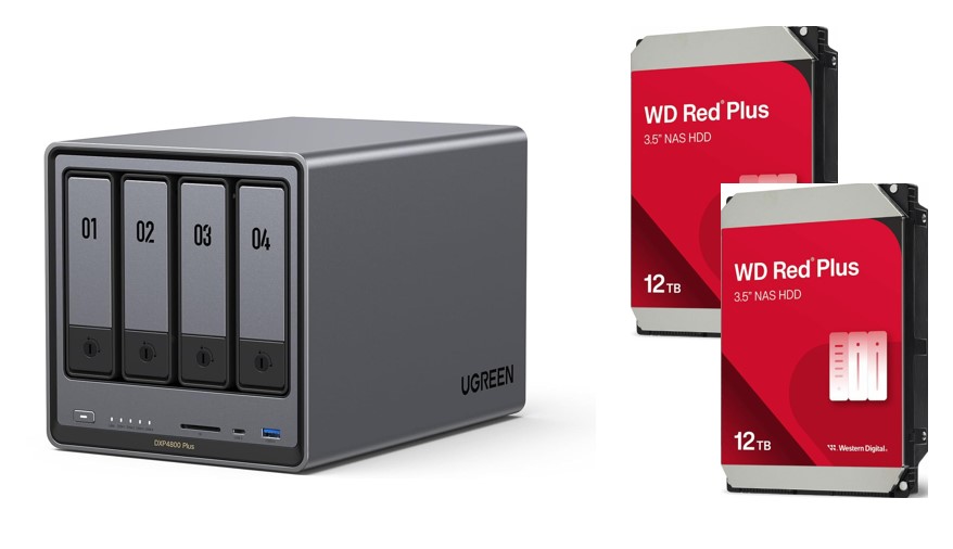 UGREEN DXP4800 Plus 4-Bay NAS (Diskless) + 2x WD Red Plus 12 TB Hard Drive SATA (SATA/600) 7200rpm (WD120EFGX)