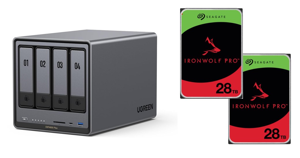 UGREEN DXP4800 Plus 4-Bay NAS (Diskless) + 2x Seagate IronWolf Pro 28TB 512MB Cache Internal Desktop HDD SATA