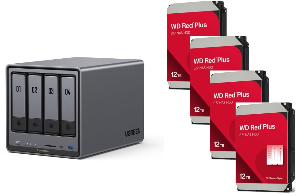 UGREEN DXP4800 Plus 4-Bay NAS (Diskless) + 4x WD Red Plus 12 TB Hard Drive SATA (SATA/600) 7200rpm (WD120EFGX)