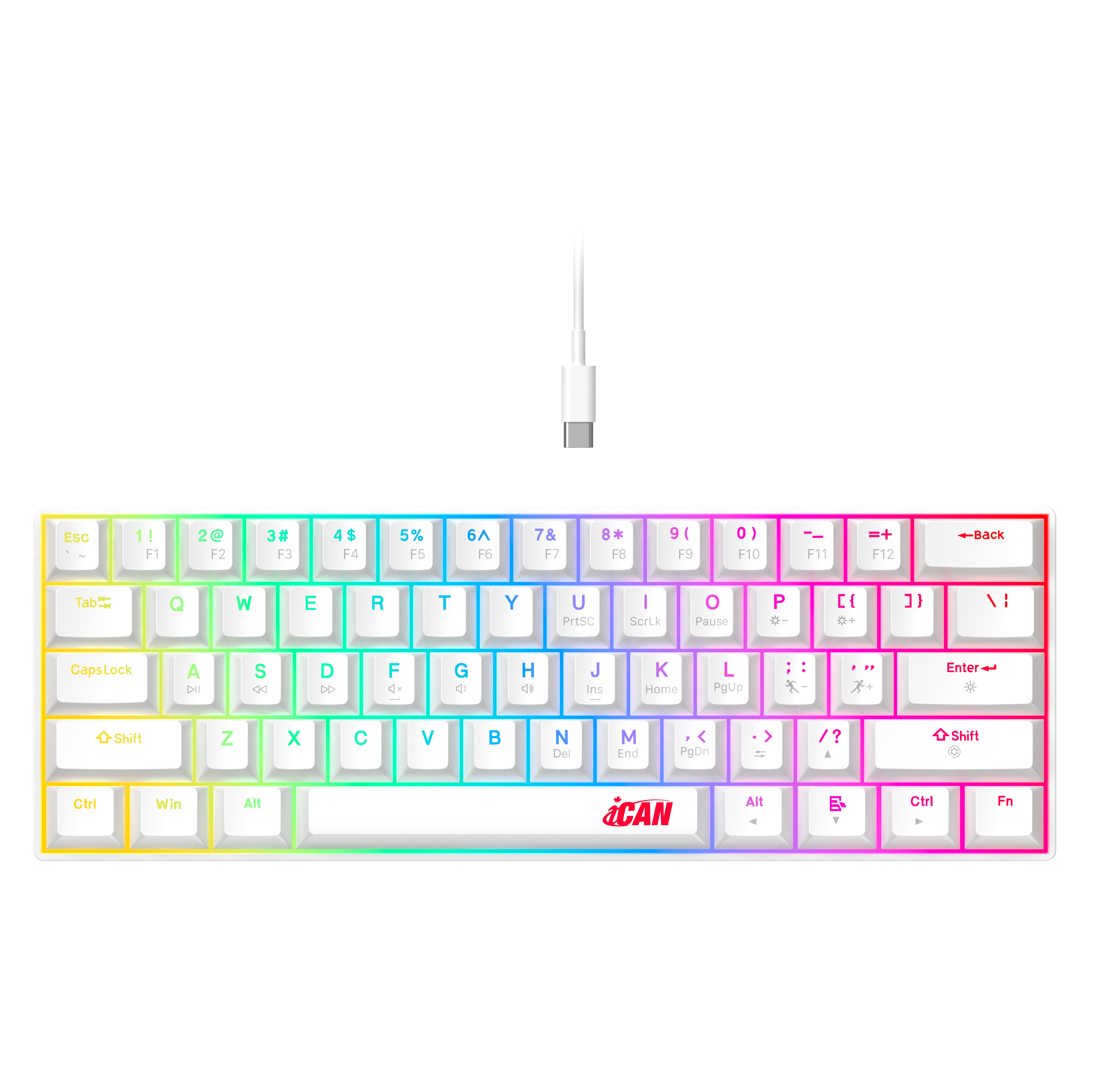 iCAN CX23UL White Wired Rainbow Gaming Keyboard, 61 Keys