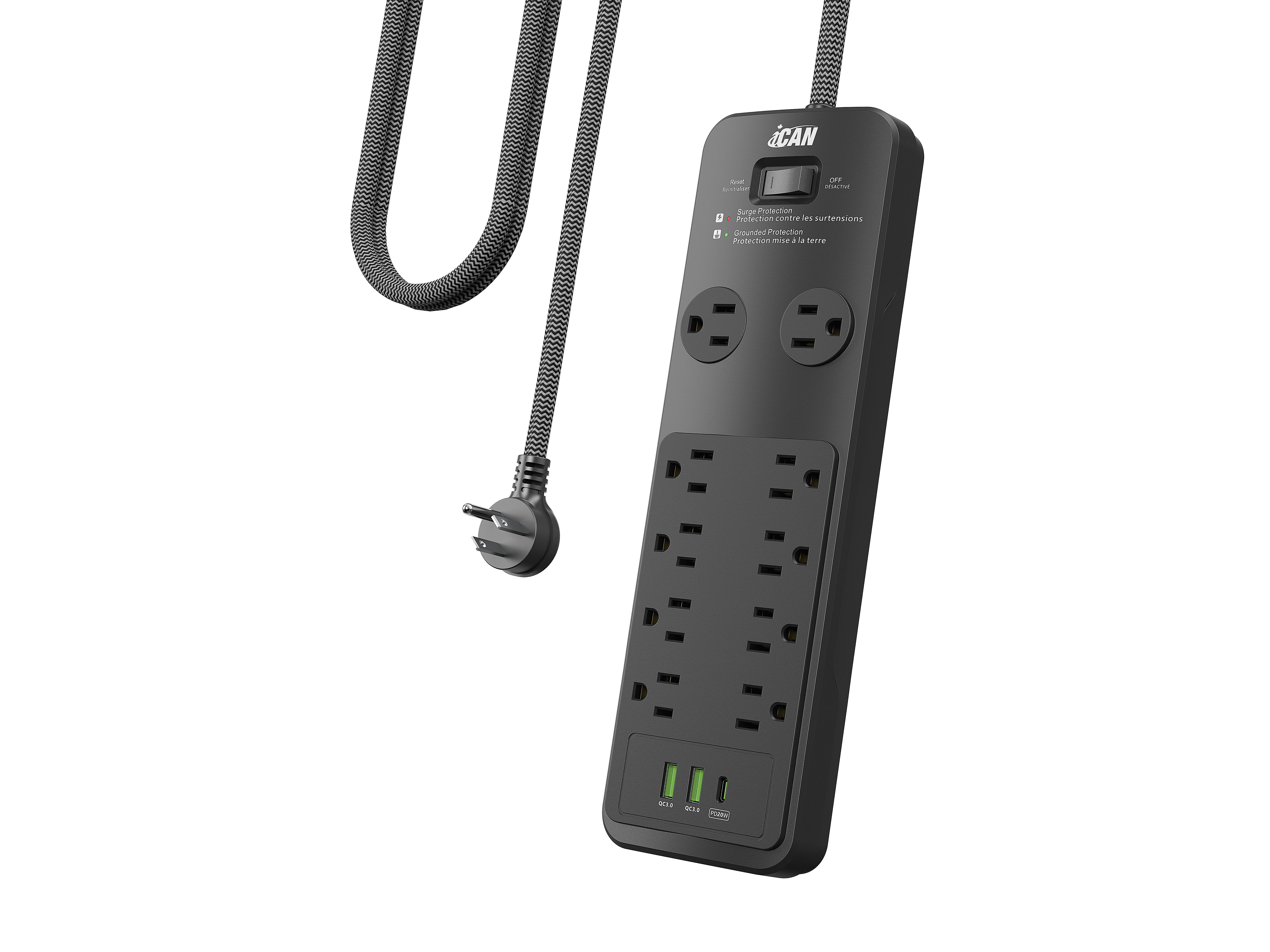 iCAN 10 Outlets Surge Protector with 2 USB-A and 1 USB-C, 6ft Cord
