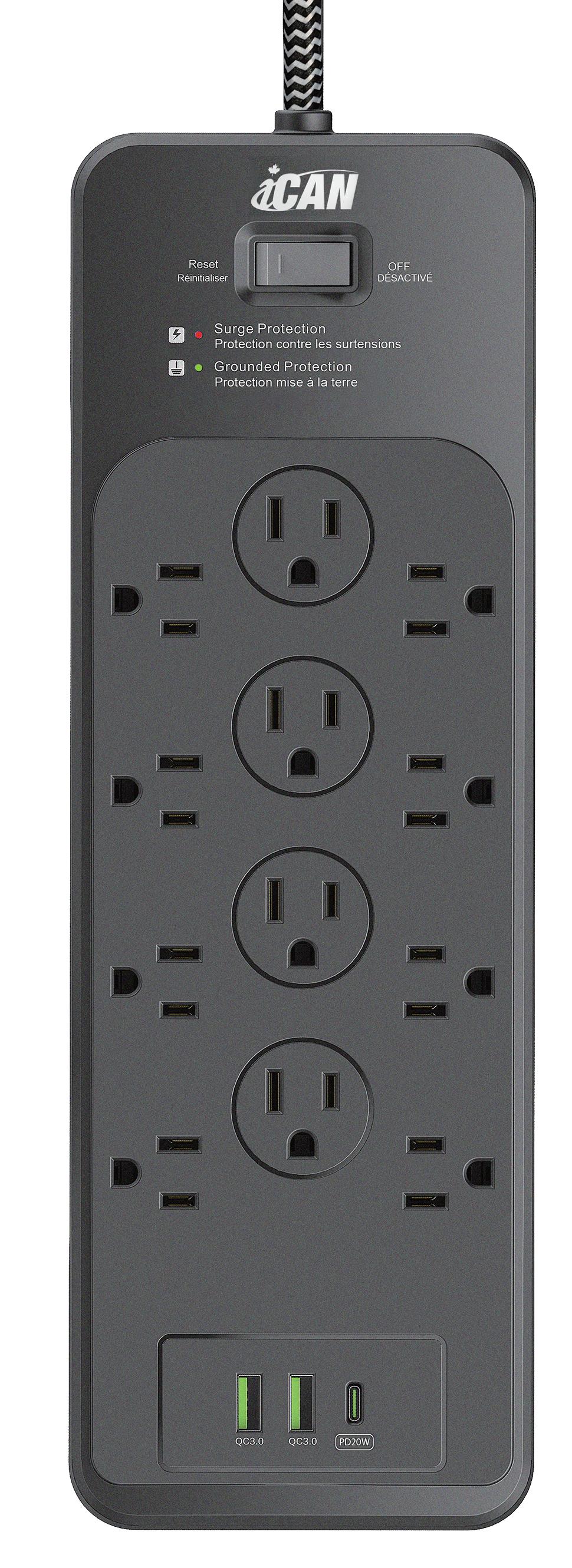 iCAN 12 Outlets Surge Protector with 2 USB-A and 1 USB-C, 6ft Cord