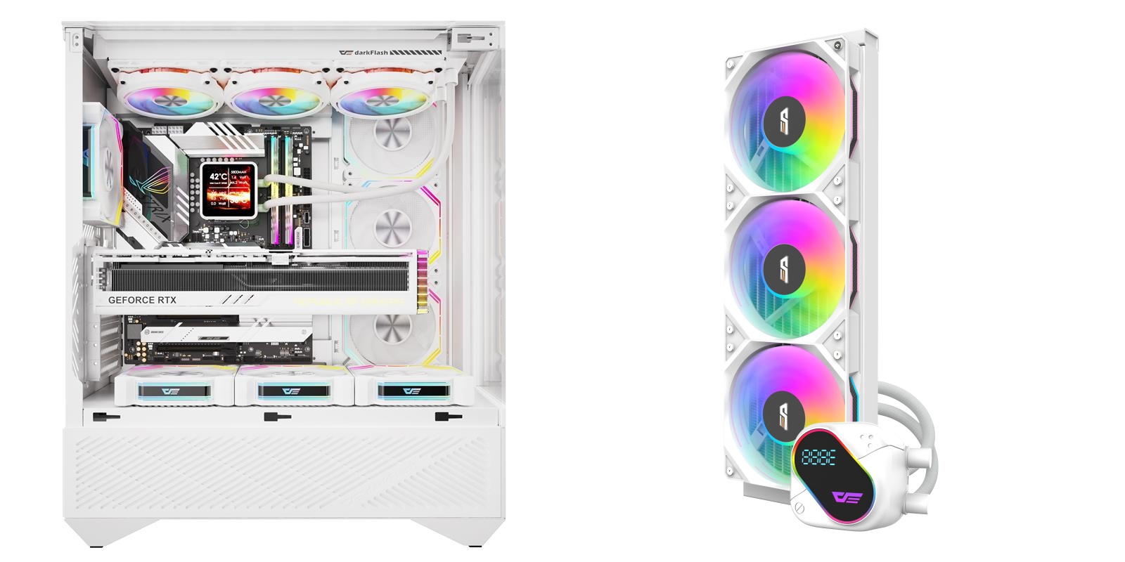 DarkFlash DY460 Luxury ATX PC Case, 4x ARGB Fans Included, White+DarkFlash DO360 360mm Liquid AIO CPU Cooler with LCD Screen, W