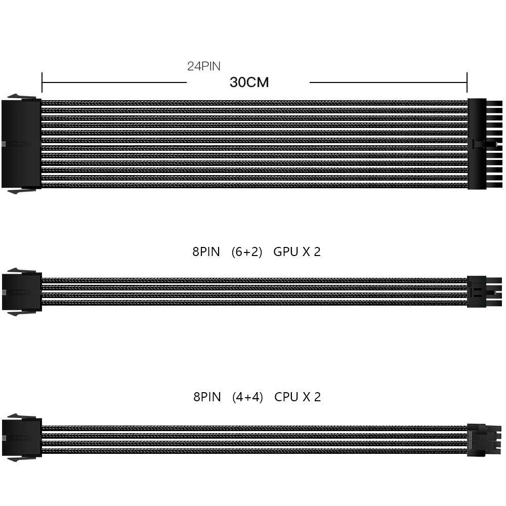 Câble d'extension de câble iCAN PSU, tressé, noir, avec kit de peigne | 1x 24 broches (20+4) | Processeur 2x 8 broches (4+4)...