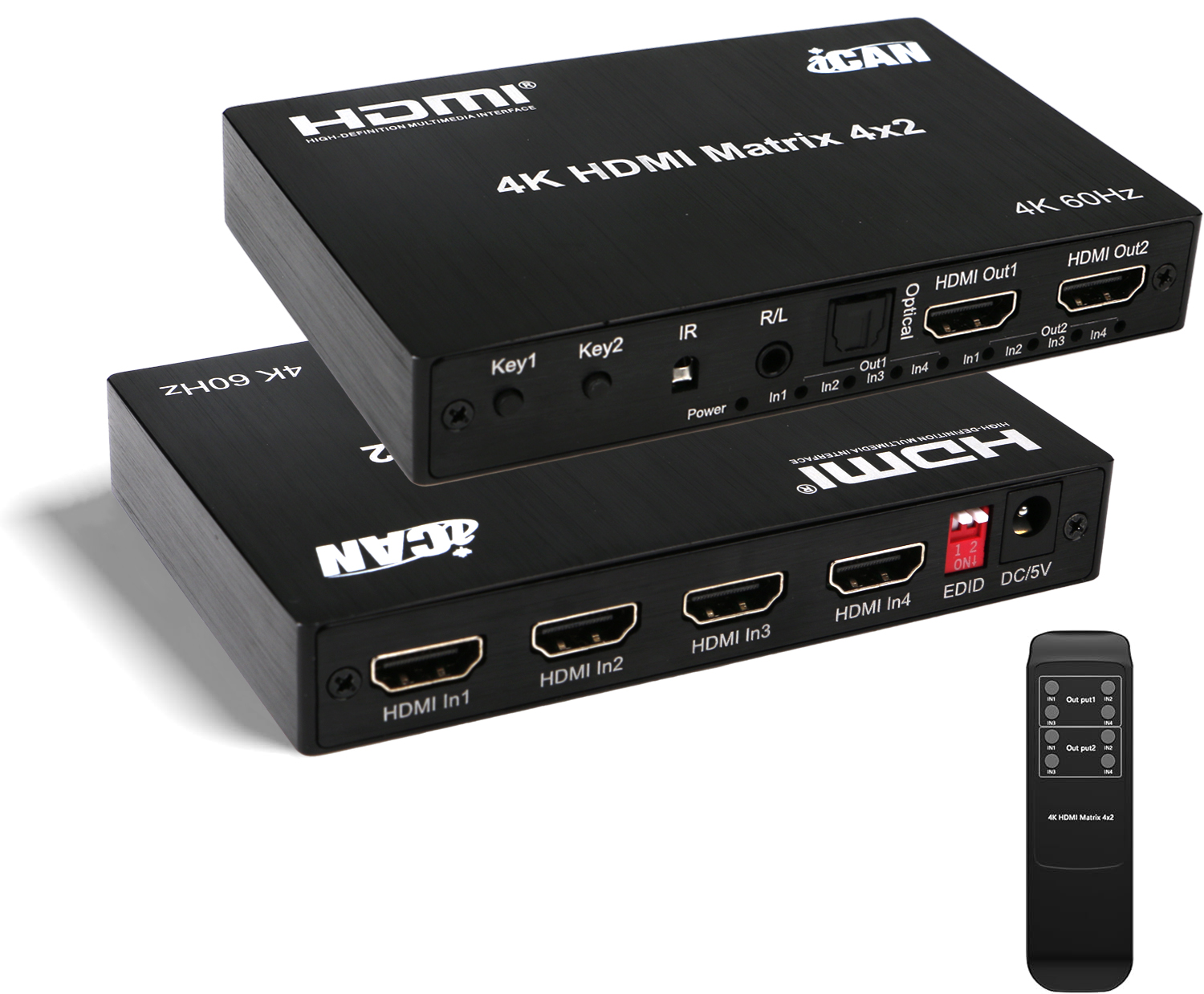 iCAN HDMI Matrix 4X2 4K@60Hz with Audio 3.5mm Stereo Toslink Output
