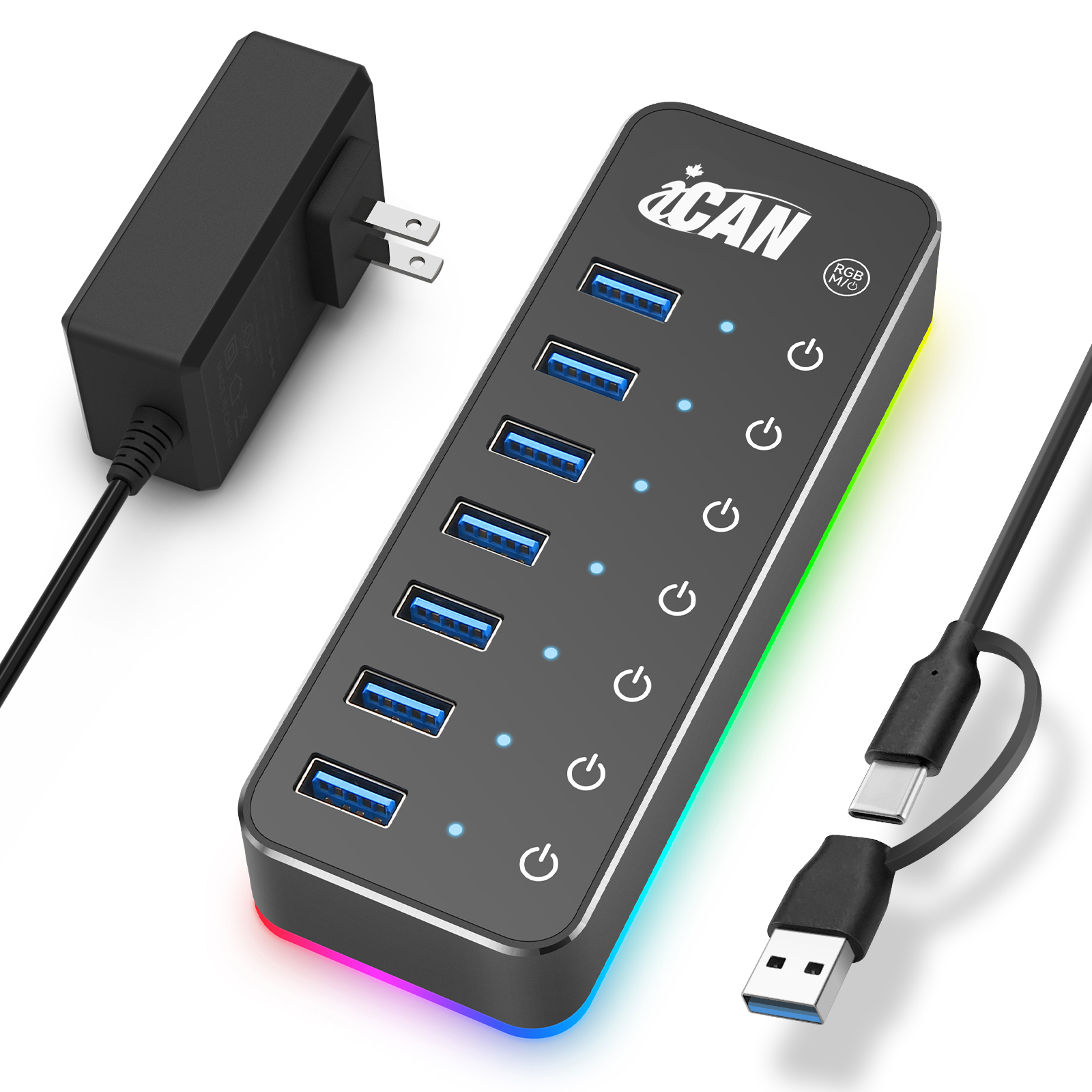 iCAN 7-Port Powered USB 3.0 Hub with Individual On/Off Switches