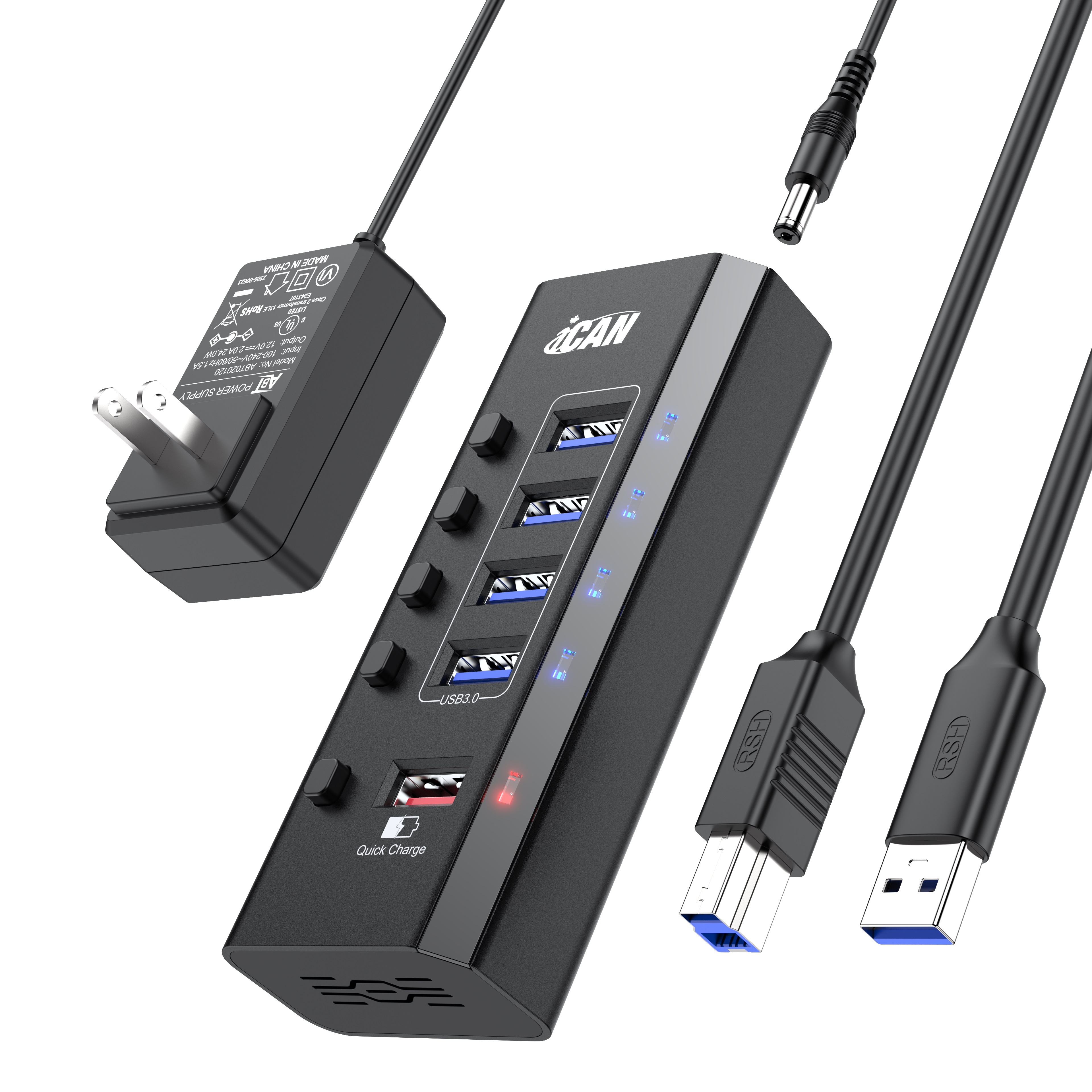 iCAN Hub USB 3.0 à 5 ports, câble de 1 m et adaptateur secteur 24 W