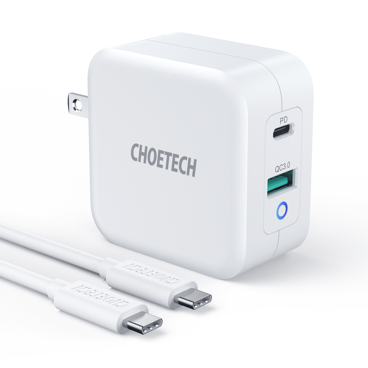 Choetech Chargeur GaN PD double ports 65 W avec câble USB-C de 6 pieds