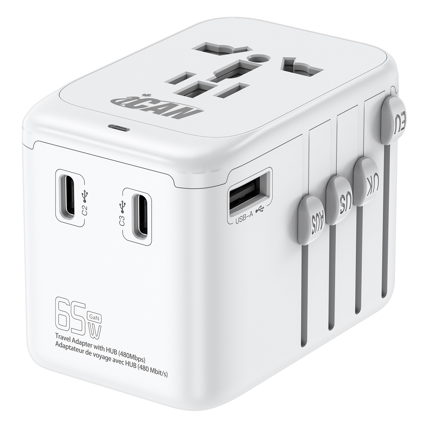 iCAN 65W 4-Port Universal Travel Adapter with 3 USB-C and 1 USB-A