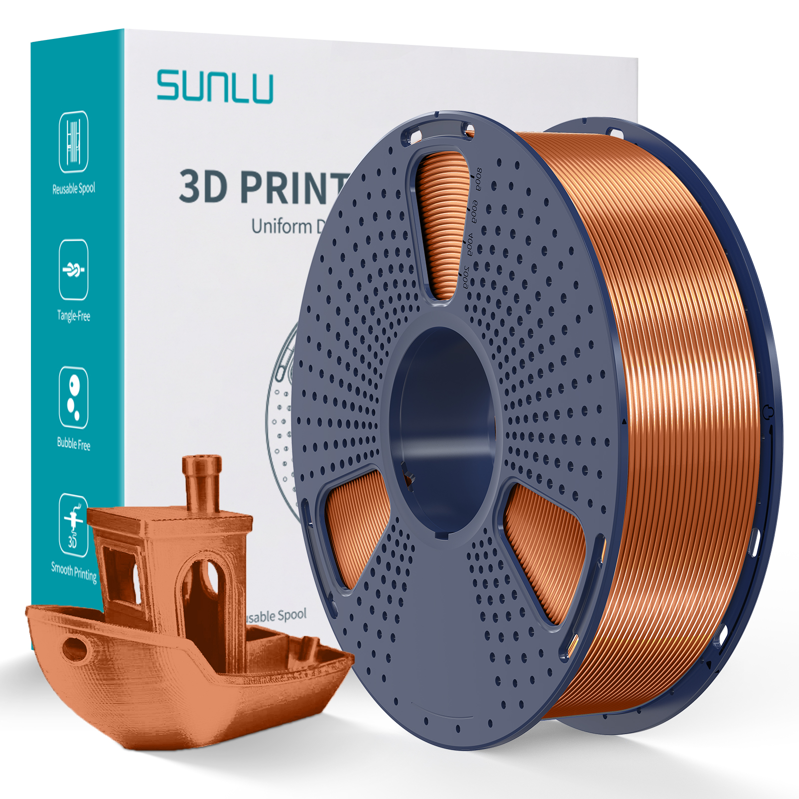 Filament PLA+ soie Sunlu 1,75 mm, 1 kg/bobine (cuivre rouge)
