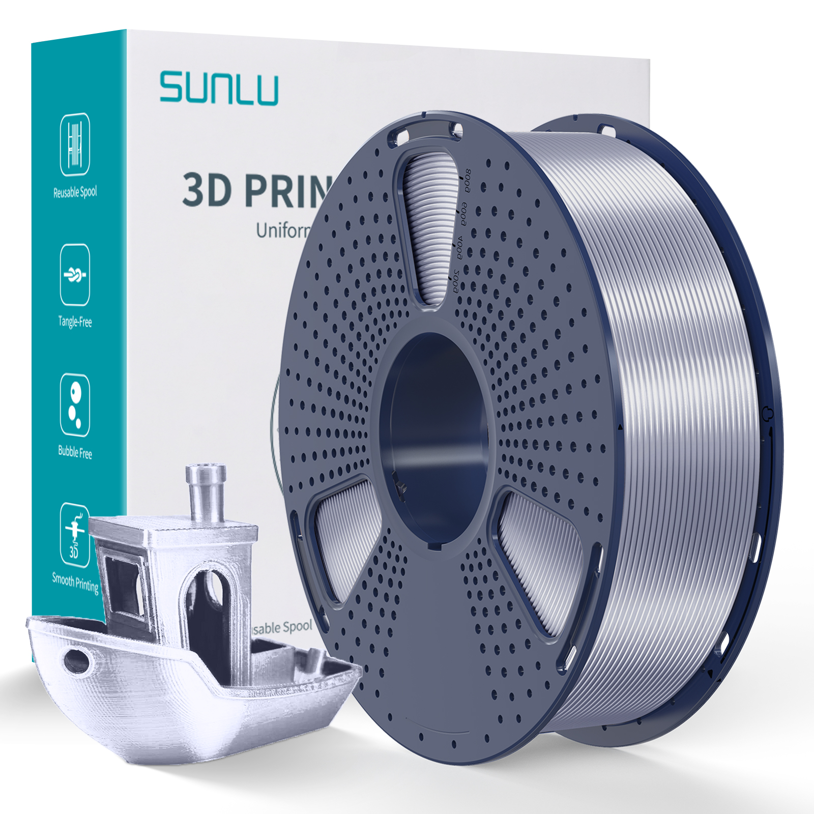 Sunlu 1.75mm, 1kg/spool, Silk PLA+ filament (Silver)