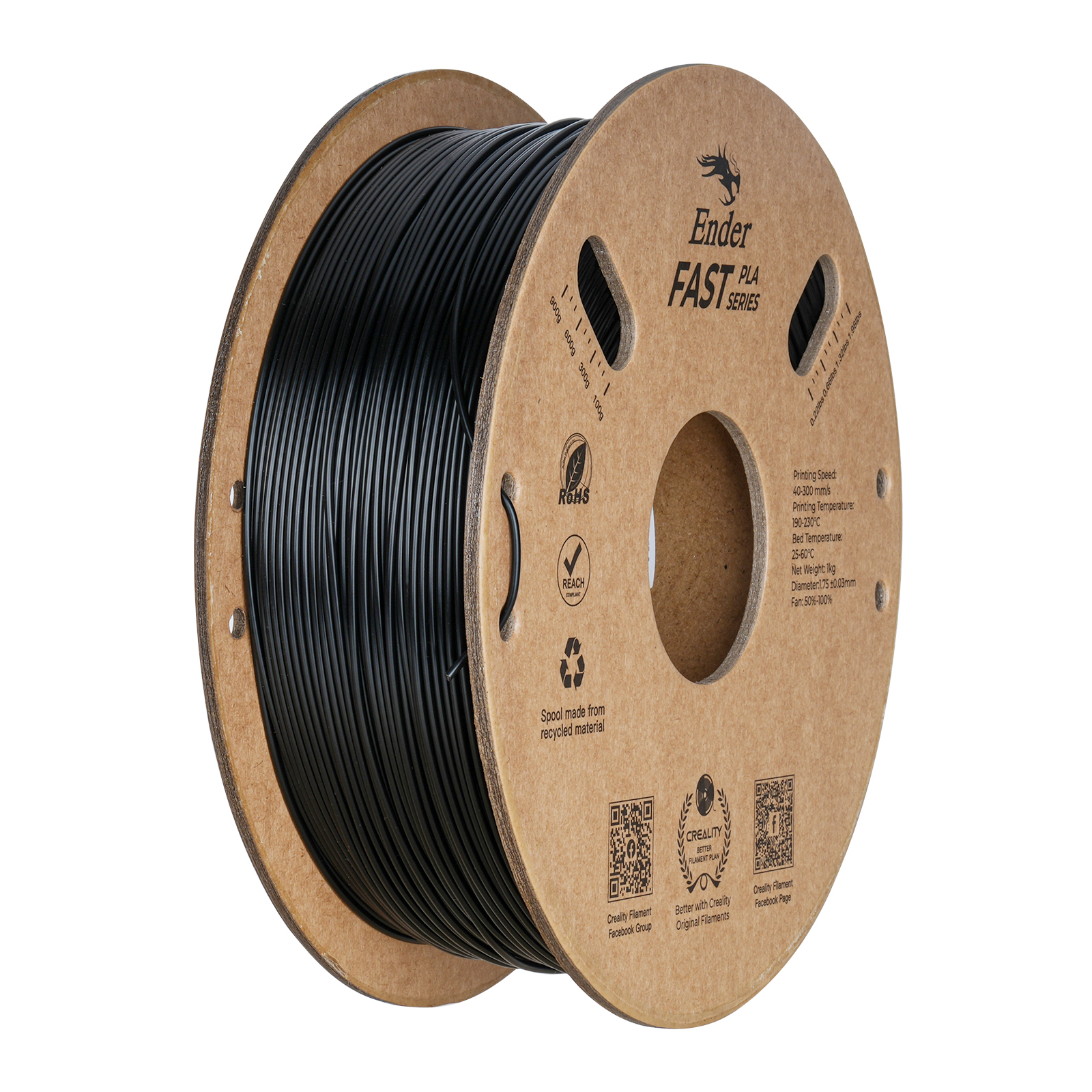 Filament PLA rapide Creality Ender, 1,0 kg, 1,75 mm, 300 mm/s, noir