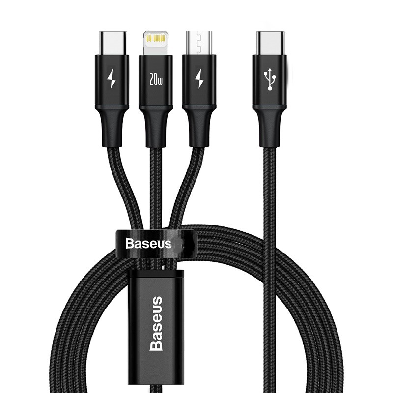 Baseus "Rapid Series" 3-in-1 Fast Charging Data Cable Type-C to M+L+C PD 20W, 1.5m (5ft), Black