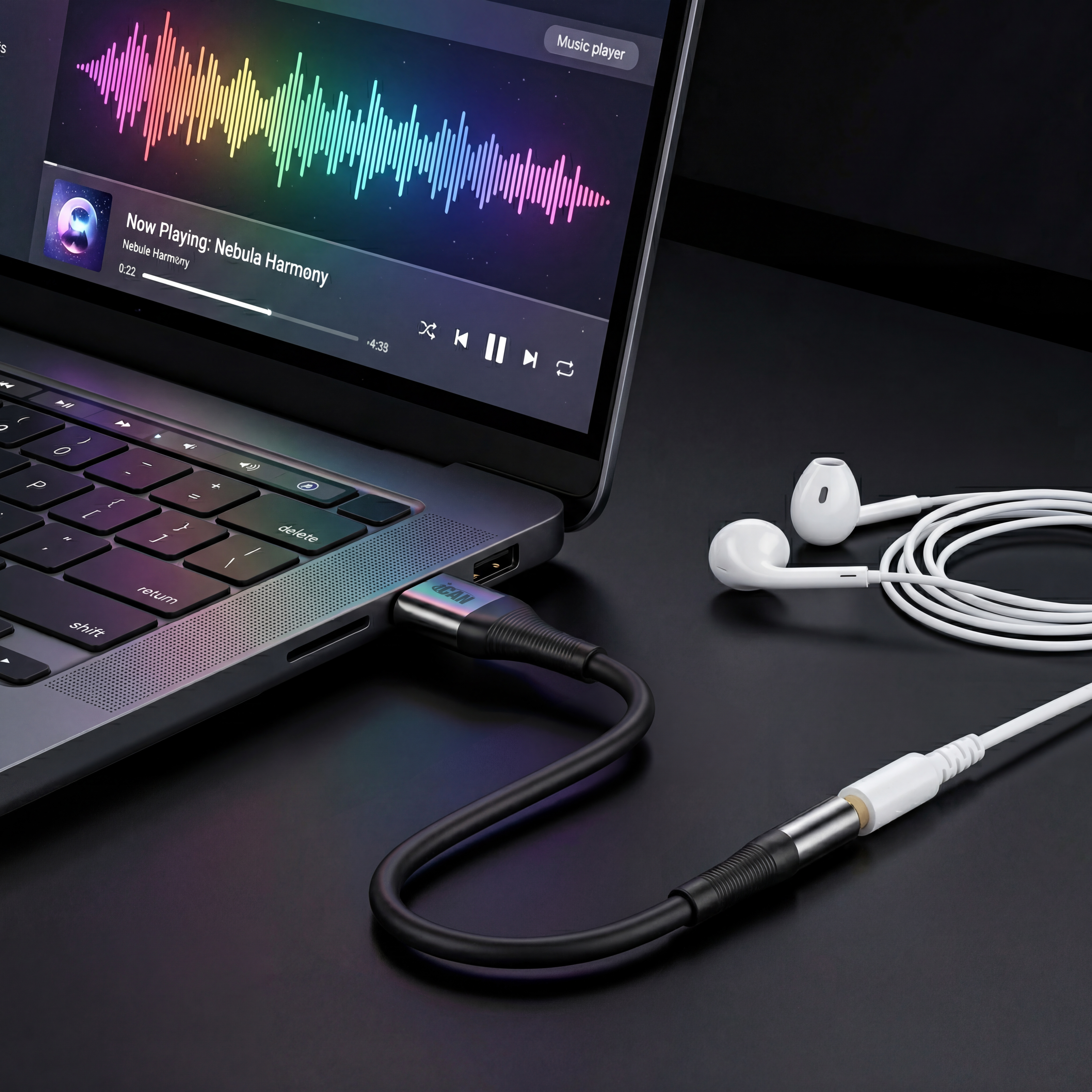Adaptateur iCAN Type-A Mâle vers 3.5 mm Audio Femelle, Noir