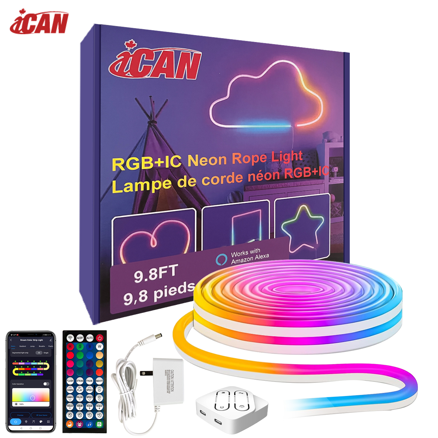 Guirlande lumineuse néon iCAN RGB+IC, bandes lumineuses LED de 9,8 pieds, synchronisation musicale.