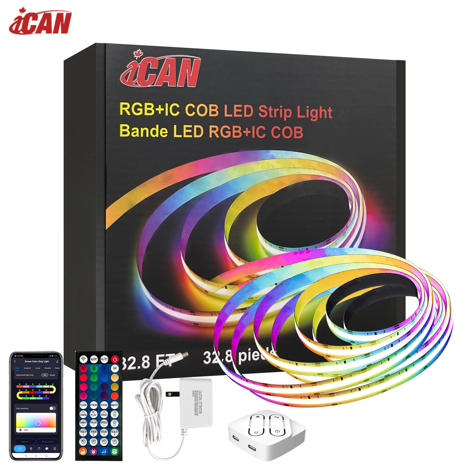 Bandes lumineuses LED iCAN RGB+IC COB 32,8 pieds, synchronisation musicale, décoration intérieure.