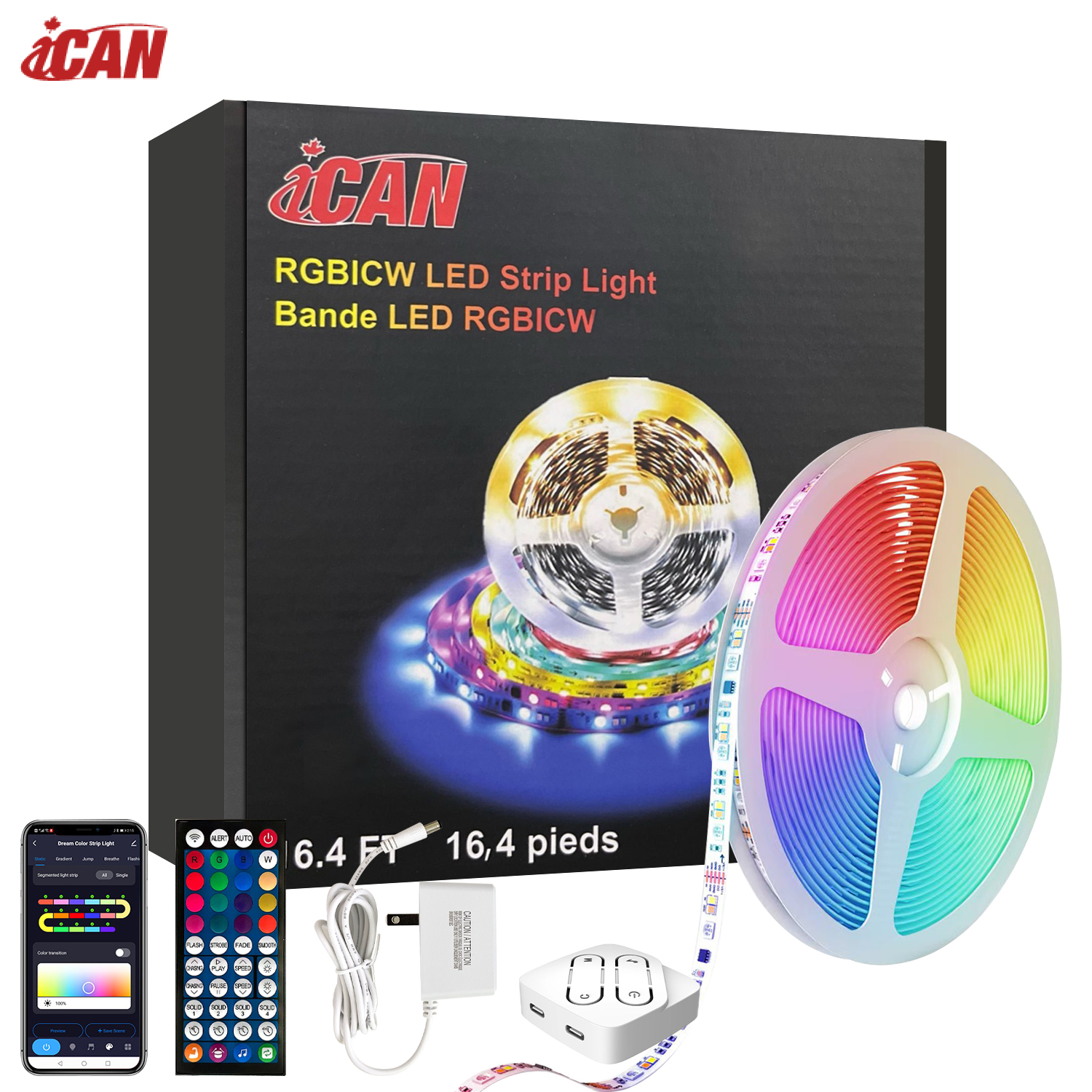 Bandes lumineuses LED iCAN RGBICW de 16,4 pieds, contrôle par application, synchronisation musicale.