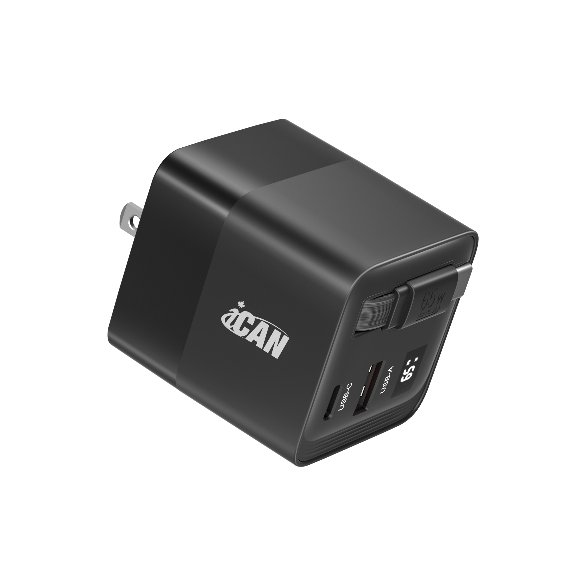 iCAN Chargeur GaN PD portable à 2 ports 65 W avec câble rétractable