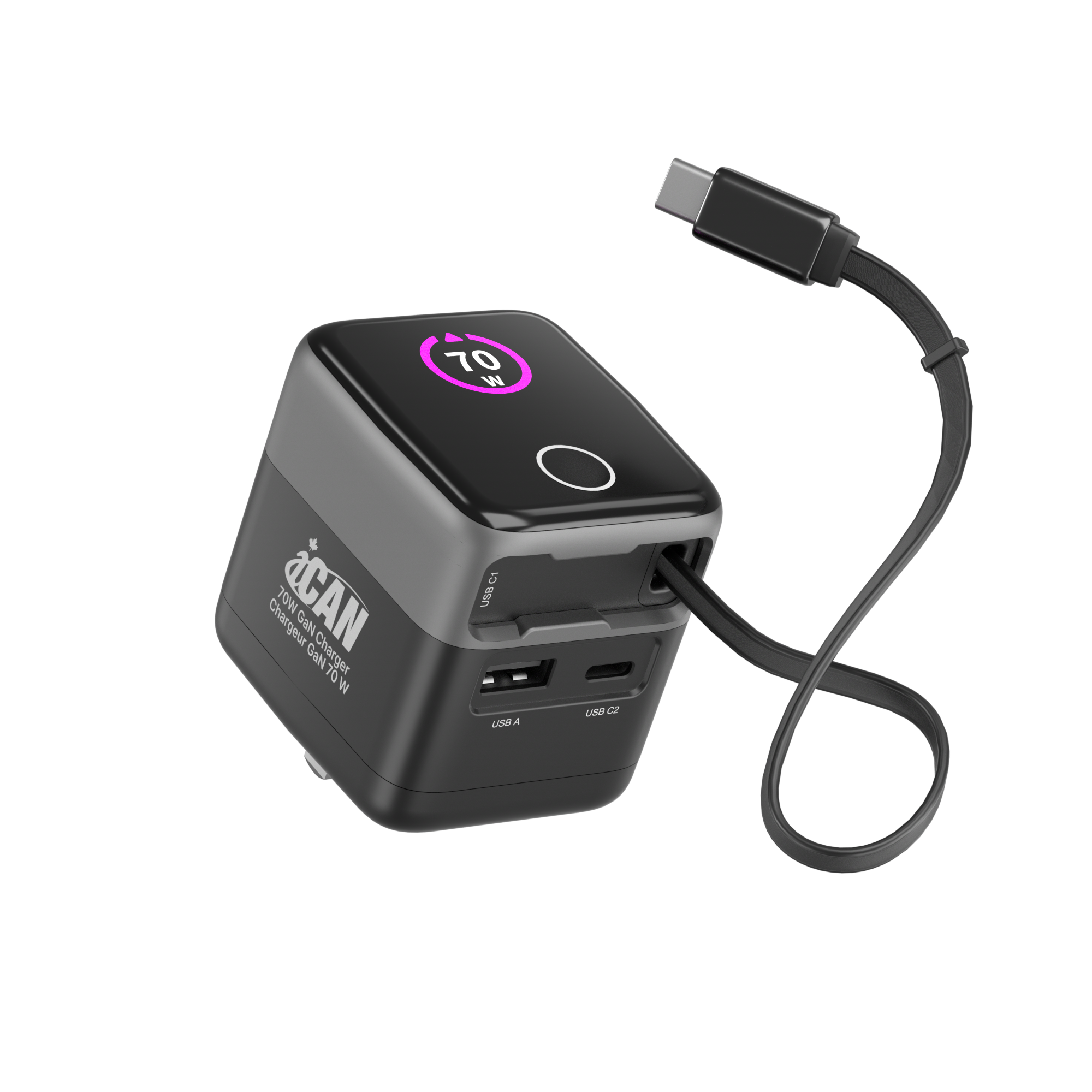 iCAN Chargeur GaN PD portable à 2 ports 70 W avec câble rétractable