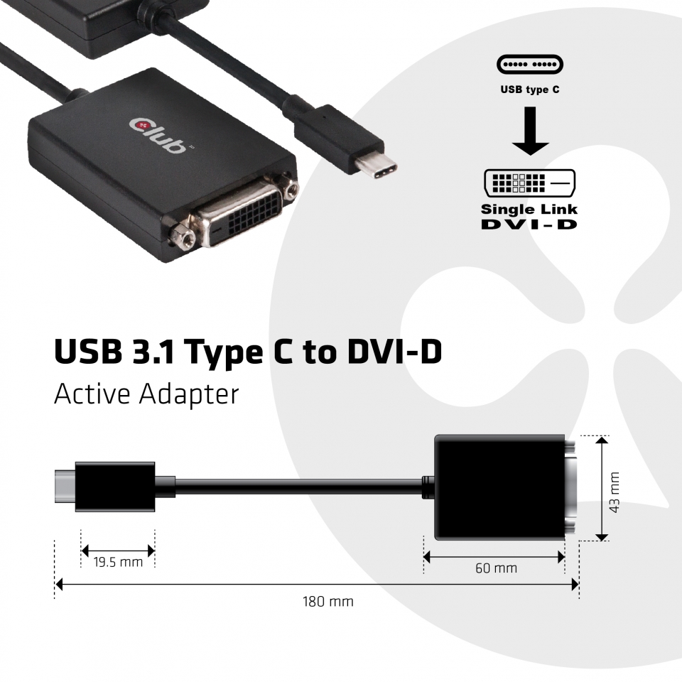 Adaptateur actif mâle USB 3.1 Type-C vers femelle DVI-D de CLUB 3D (CAC-1508)
