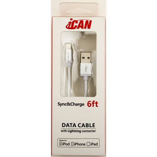 iCAN Lightning Cable for Data Sync and Charge with Metal Plugs SILVER Colour- 6ft (AP MFILTN-06SV)(Open Box)