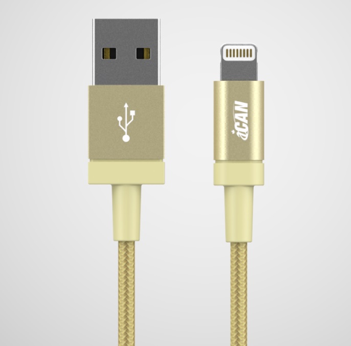iCAN Premium USB-A 2.0 to Lightning Cable, Braided, M/M, 3ft, Gold(Open Box)