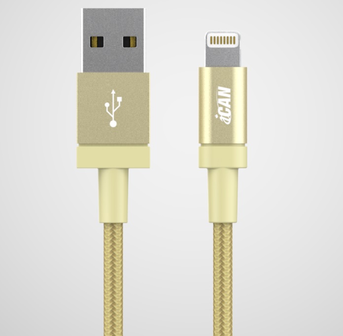 Câble iCAN Premium USB-A 2.0 vers Lightning, tressé, M/M, 6 pieds, or