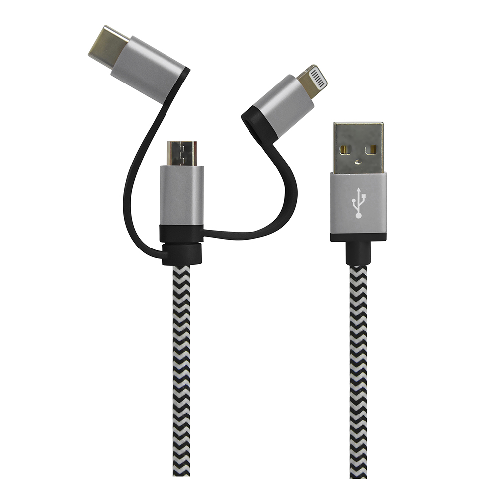 Câble iCAN USB 3 en 1, Apple MFi, M/M, 1,5 m, noir et blanc, tressé