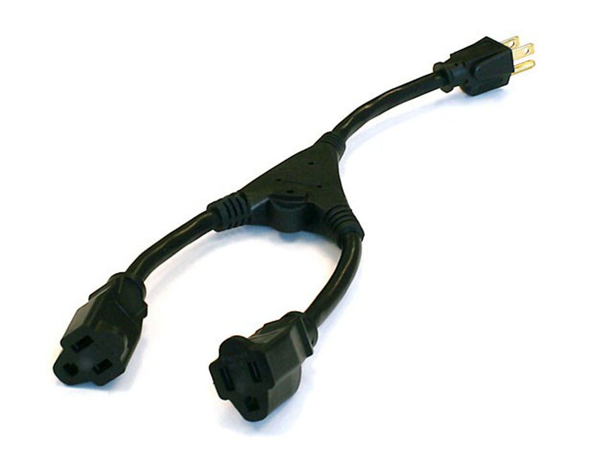 Monoprice Power Cord Splitter - NEMA 5-15P to 2x NEMA 5-15R, 16AWG, 13A/1625W, 3-Prong, Black, 1.2ft