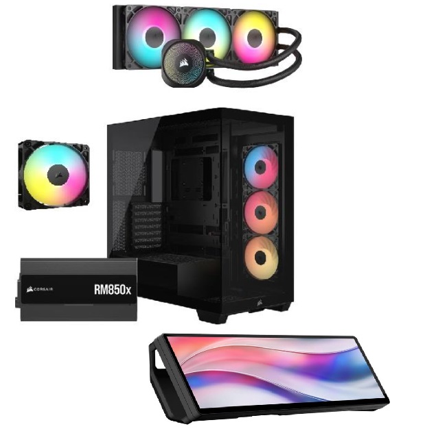 CORSAIR 3500X RS-R ARGB (1 Extra RS120 ARGB), RM850x PSU,NAUTILUS 360 ARGB AIO + XENEON EDGE 14.5" LCD Touchscreen LCD Screen
