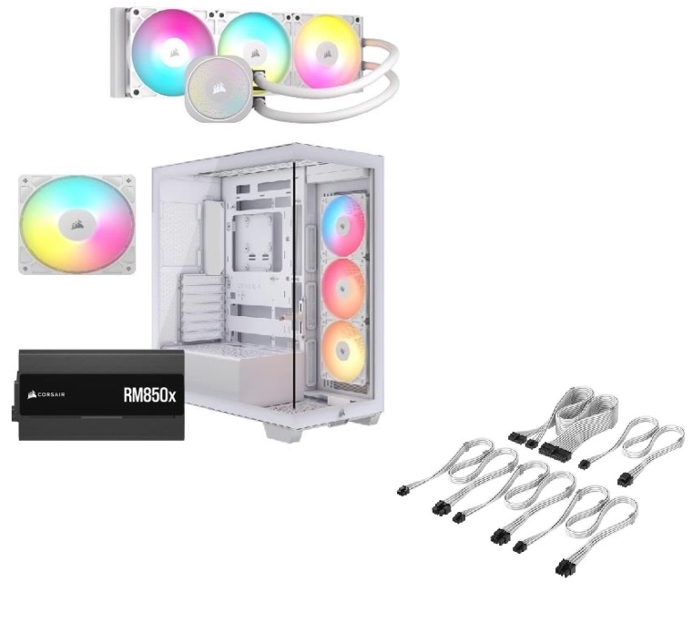 CORSAIR 3500X RS-R ARGB (1 Extra RS120 ARGB) w/ PRE-INSTALLED RM850x PSU, NAUTILUS 360 ARGB AIO & Cable Starter Kit, White
