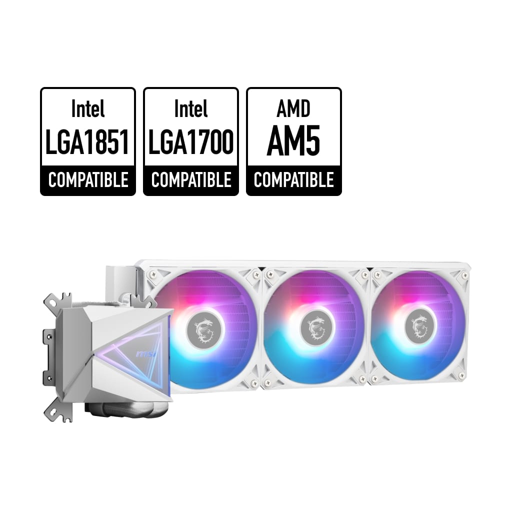 MSI MAG Coreliquid I360 AIO Liquid CPU Cooler - White, 360mm Radiator, Triple 120mm ARGB PWM Fans, Compatible with LGA 1851 Soc