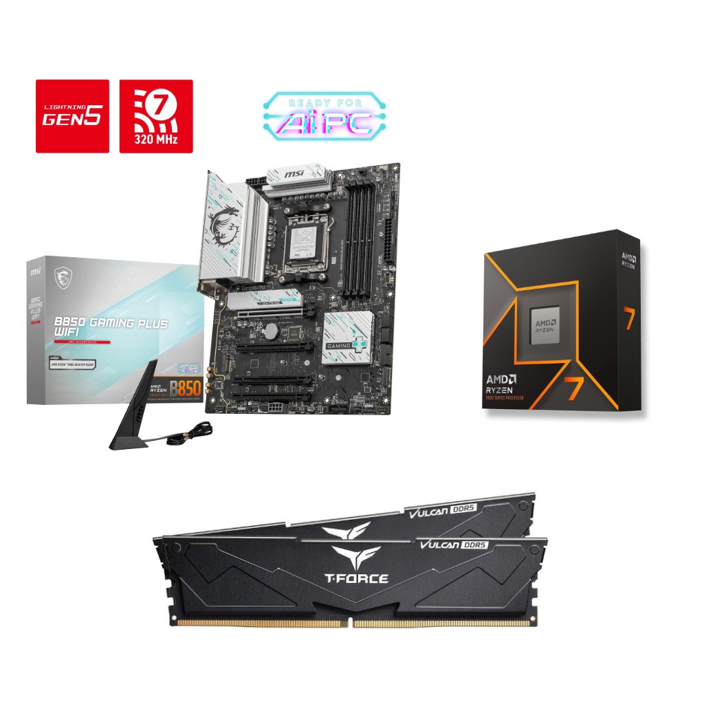 AMD Ryzen 7 9700X CPU + MSI B850 GAMING PLUS WIFI Motherboard + T-Force 32GB D5 6000MHz CL30 RAM