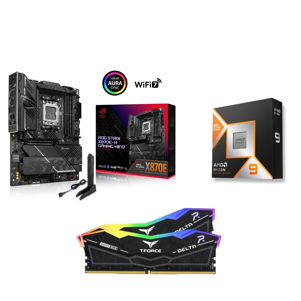 AMD Ryzen 9 9950X3D CPU + ASUS ROG STRIX X870E-H GAMING WIFI7 Motherboard + T-Force RGB 64GB D5 6000MHz CL30 Black RAM