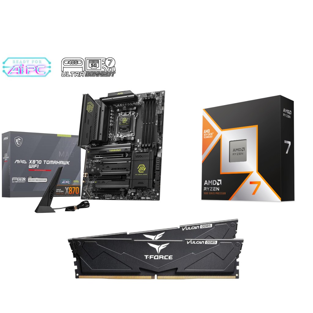 AMD Ryzen 7 9800X3D CPU + MSI MAG X870 TOMAHAWK WIFI Carte Mère+ T-Force 32GB D5 6000MHz CL30 RAM