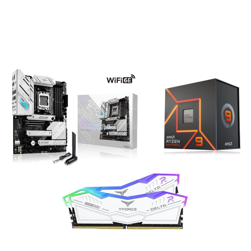 AMD Ryzen 9 7900X CPU + ASUS ROG STRIX B650-A GAMING WIFI Motherboard + T-Force RGB 32GB D5 6000MHz CL30 White RAM