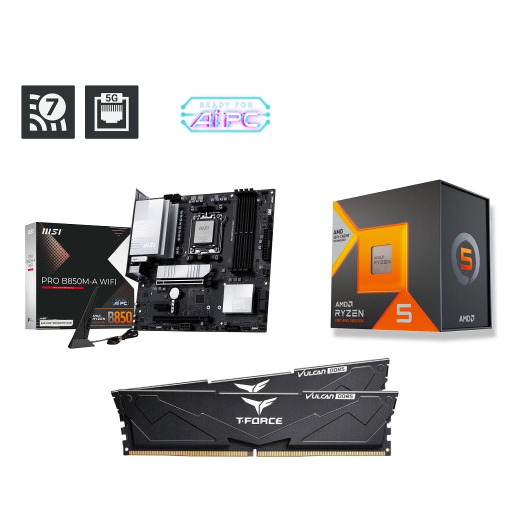 AMD R5 7600X3D CPU + MSI PRO B850M-A WIFI Motherboard + T-Force 32GB D5 6000MHz CL30 RAM