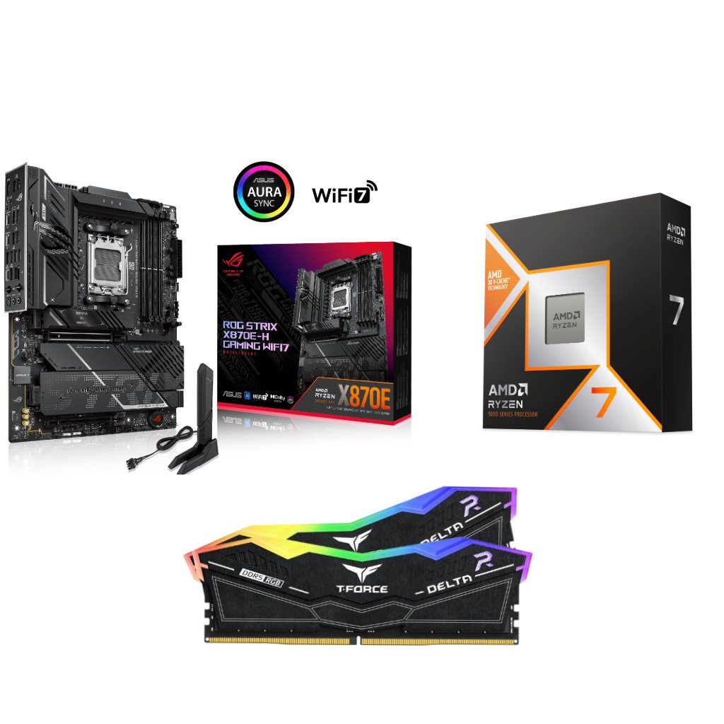 AMD Ryzen 7 9850X3D CPU + ASUS ROG STRIX X870E-H GAMING WIFI7 Motherboard + T-Force RGB 32GB D5 6000MHz CL30 RAM