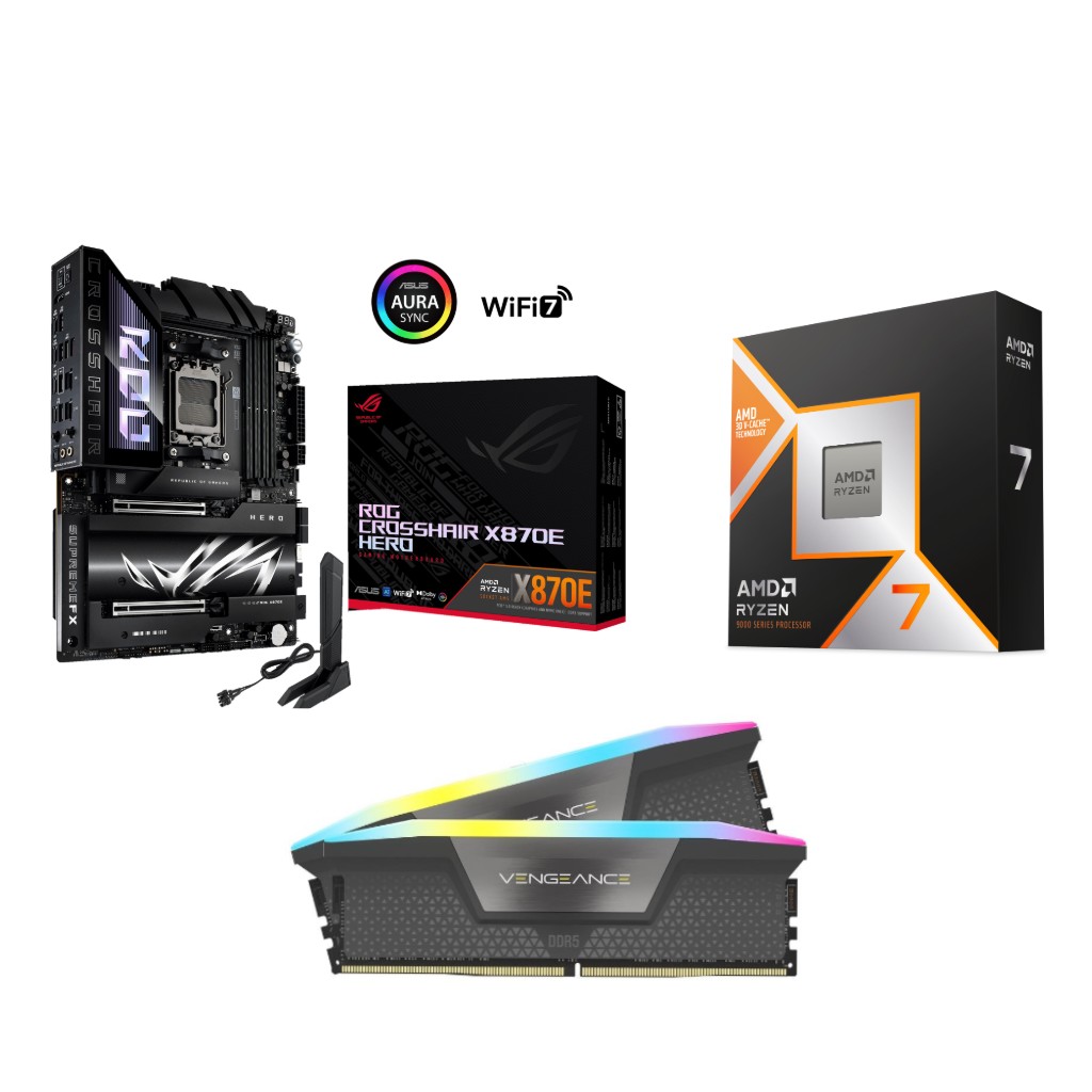 AMD Ryzen 7 9850X3D CPU + ASUS ROG CROSSHAIR X870E HERO Motherboard + CORSAIR RGB 64GB D5 6000MHz CL30 RAM