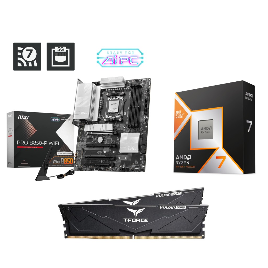 AMD Ryzen 7 9800X3D CPU + MSI PRO B850-P WIFI Motherboard + T-Force 32GB D5 6000MHz CL30 RAM