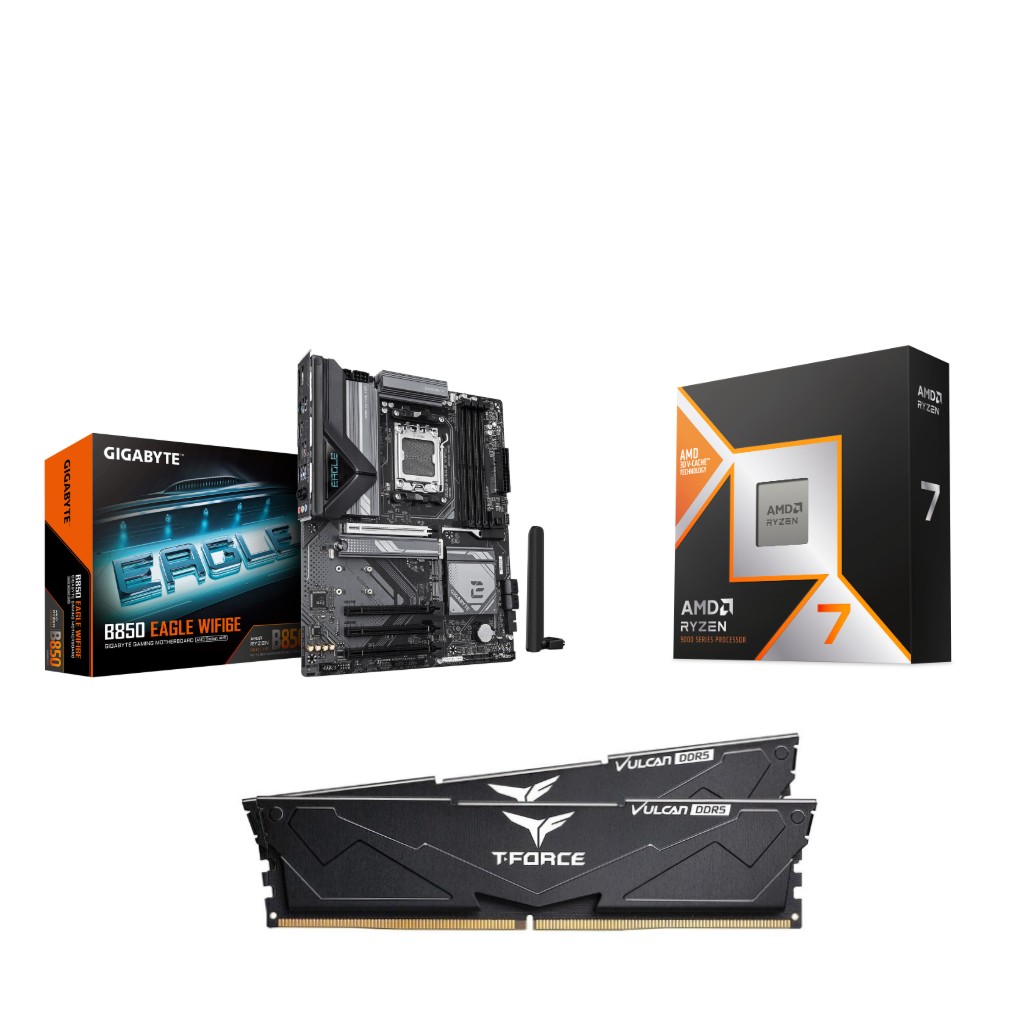 AMD Ryzen 7 9800X3D CPU + GIGABYTE B850 EAGLE WIFI6E Carte Mère + T-Force 32GB D5 6000MHz CL30 RAM
