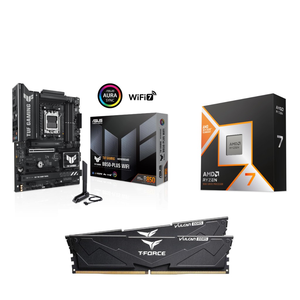AMD R7 9800X3D CPU + ASUS TUF GAMING B850-PLUS WIFI Carte Mère + T-Force 32GB D5 6000MHz CL30 RAM