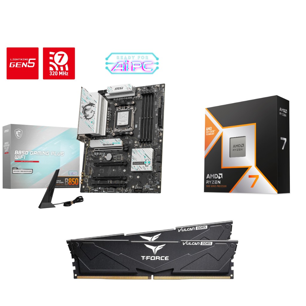 AMD Ryzen 7 9800X3D CPU + MSI B850 GAMING PLUS WIFI Motherboard + T-Force 32GB D5 6000MHz CL30 RAM