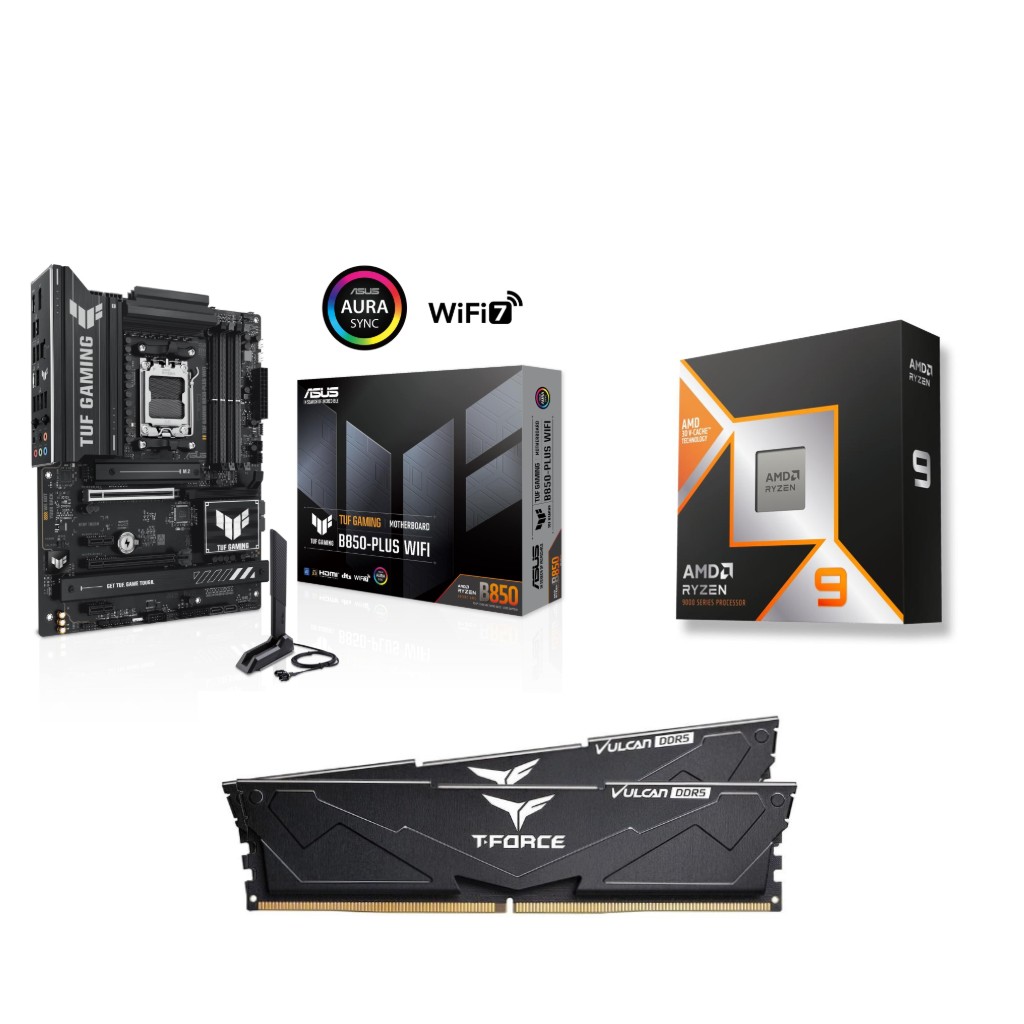 AMD Ryzen 9 9900X3D CPU + ASUS TUF GAMING B850-PLUS WIFI Carte Mère + T-Force 32GB D5 6000MHz CL30 RAM