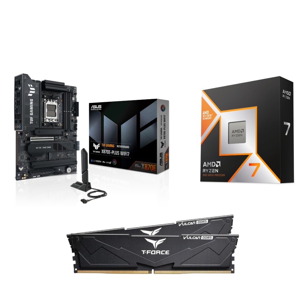 AMD Ryzen 7 9800X3D CPU + ASUS TUF GAMING X870E-PLUS WIFI7 Motherboard + T-Force 32GB D5 6000MHz CL30 RAM