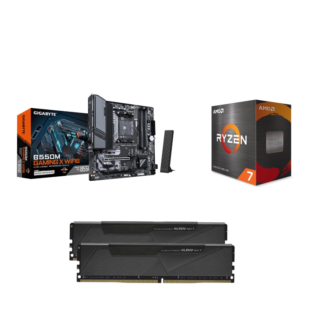 AMD Ryzen 7 5700X CPU + GIGABYTE B550M GAMING X WIFI6 Motherboard + KLEVV BOLT X 16GB DDR4 3200MHz CL16 RAM