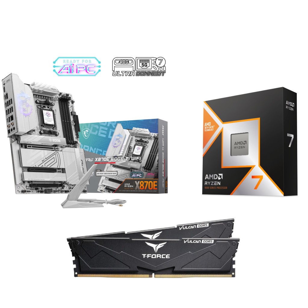 AMD Ryzen 7 9800X3D CPU + MSI MPG X870E EDGE TI WIFI Carte Mère + T-Force 32GB D5 6000MHz CL30 RAM