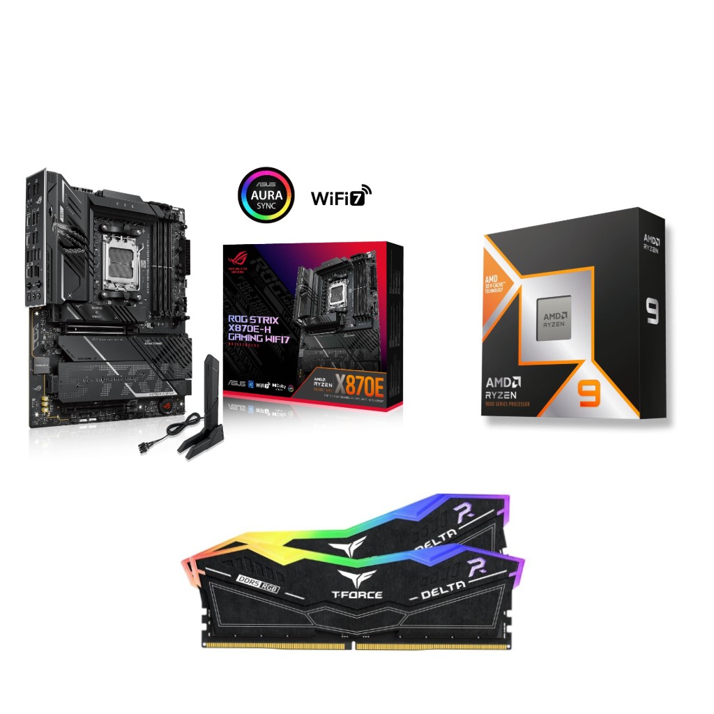 AMD Ryzen 9 9900X3D CPU + ASUS ROG STRIX X870E-H GAMING WIFI7 Motherboard + T-Force RGB 64GB D5 6000MHz CL30 Black RAM
